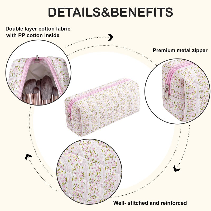 WHHJM Cute Floral Makeup Brush Bag Small Cotton Quilted Cosmetic Bag for Women Travel Toiletry Zipper Make Up Pouch (Pink Floral) - Image 4